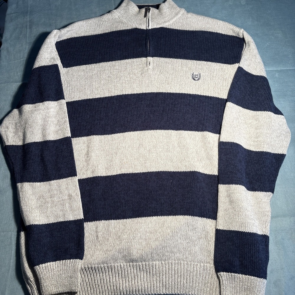 Chaps Sweater Knit Stripe 1/4 zip Large Mens Blue Gray Pullover Colorblock